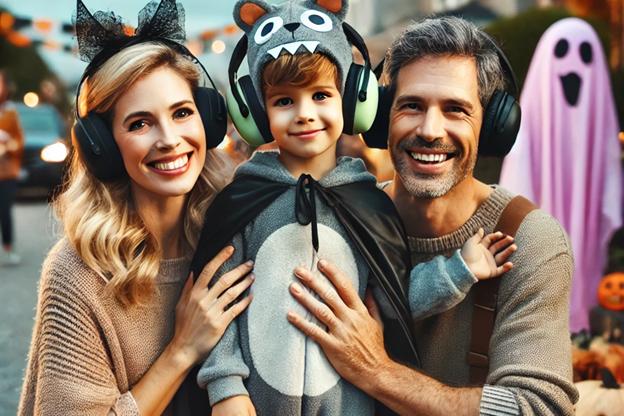 Autism F.I.R.S.T. "Making Halloween Fun for Children on the Autism Spectrum". Image shows woman and man wearing noise cancelling headphone, next to a boy wearing a bat costume onesie and also wearing noise-cancelling headphones.