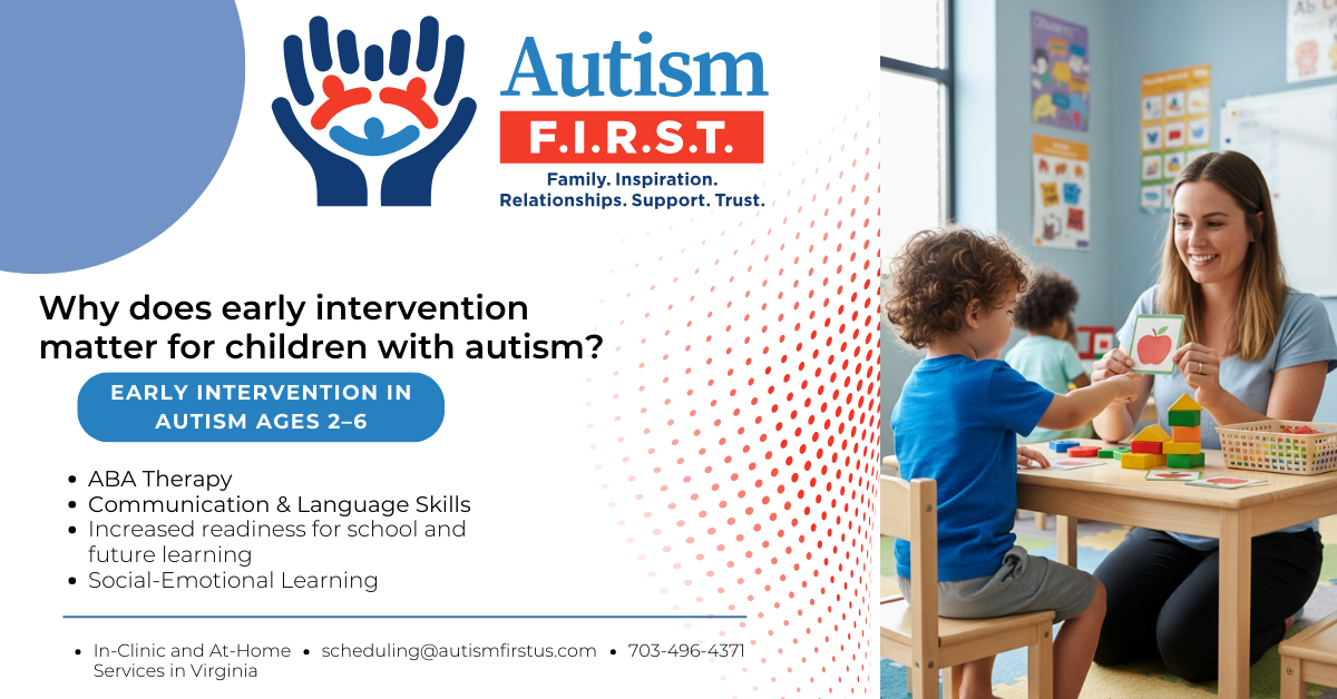 Early intervention for autism builds communication, social, and life skills. Learn how Autism F.I.R.S.T. supports children ages 2–6. Child receiving ABA Therapy – benefits of early intervention for autism. Read more about: "Why Early Intervention Changes the Future" on Autism F.I.R.S.T..